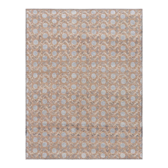 Rug & Kilim’s Modern Block Print Rug in Brown and Blue with Floral Patterns - 9x12 For Sale