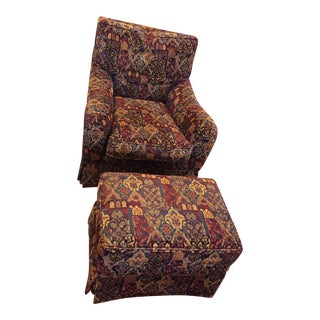 Mid-Century Dark Burgundy Brocade Tapestry Chair & Ottoman For Sale