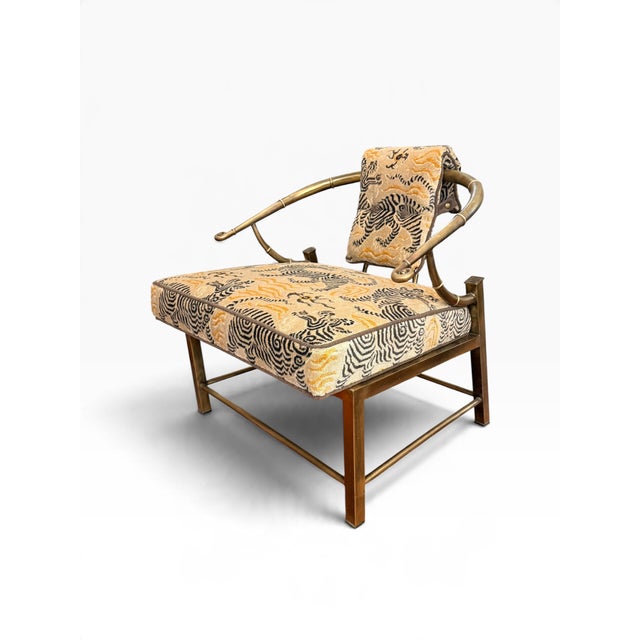 Textile Vintage Pair of Empress Brass Lounge Chairs Attributed to Mastercraft in Clarence House Tibet Fabric For Sale - Image 7 of 16