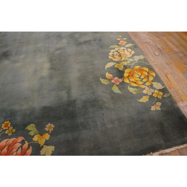 1930s Green Floral Minimalist Antique Chinese Art Deco Carpet 8'10" X 11'7" Knotted Wool Rug For Sale - Image 10 of 11