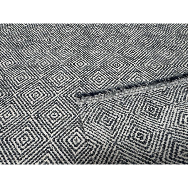 56” wide designer diamond pattern woven water & stain resistant MCM mid century modern upholstery fabric in navy blue and...