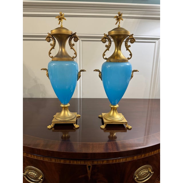 Antique French Blue Opaline Vase Urn Pair With Ormolu Mounts Cherub Finials Eagle Handles 19th Century For Sale - Image 9 of 15