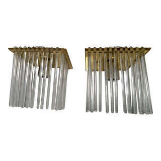 Mid 20th Century Postmodern Gaetano Sciolari Style Brass and Glass Rods Flush Mount - A Pair For Sale