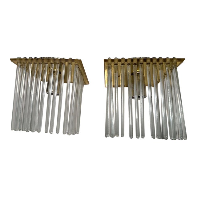 Mid 20th Century Postmodern Gaetano Sciolari Style Brass and Glass Rods Flush Mount - A Pair For Sale
