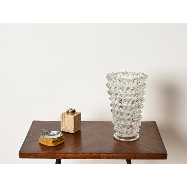 Marvelous large mouth-blown Murano glass vase in rostrato crystal. This stunning decorative piece was produced in Italy...