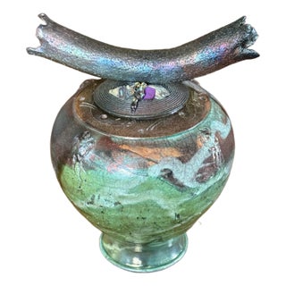 Exquisite Signed "Ryon" Large Studio Art Raku Lidded Vessel With Ceramic Branch-Like Handle With Decorative Jewel Adornment - Vintage For Sale