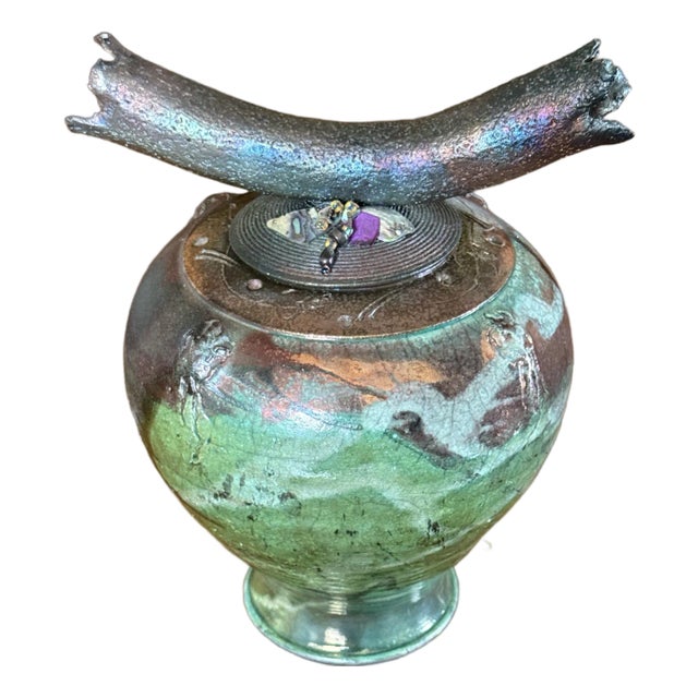 Exquisite Signed "Ryon" Large Studio Art Raku Lidded Vessel With Ceramic Branch-Like Handle With Decorative Jewel Adornment - Vintage For Sale