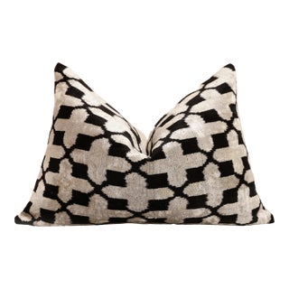 Handmade Velvet Ikat Lumbar Pillow 16x24 | Black & Ivory Geometric For Sale