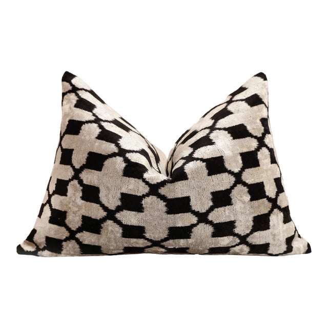 Handmade Velvet Ikat Lumbar Pillow 16x24 | Black & Ivory Geometric For Sale