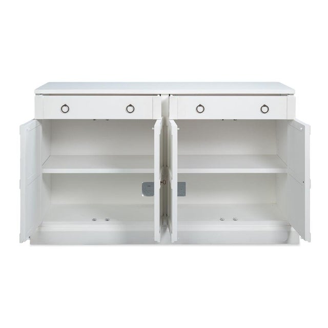 Mid-Century Modern Cottage White Media Buffet in Solid Pine with Ring Pulls For Sale - Image 3 of 8