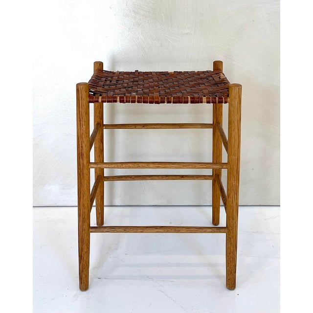 Mid-Century Modern Vintage Woven Leather and Oak Stool / Side Table, Scandinavian Style For Sale - Image 3 of 5