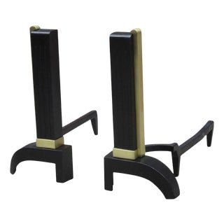 Pair French Art Deco Period Iron Brass Andirons France 1930 For Sale