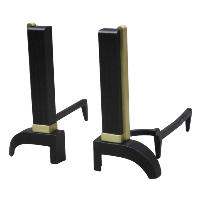 Pair French Art Deco Period Iron Brass Andirons France 1930 For Sale