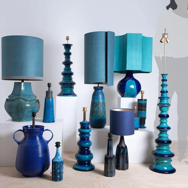Blue Large Ceramic Table Lamp with Silk Lampshade, 1960s For Sale - Image 8 of 15