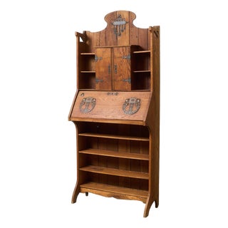 Rare Antique Arts and Crafts Style Oak Secretary Bookcase For Sale
