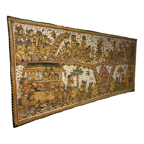 Large Vintage Indonesian Hand-Painted Wall Art, 1970s For Sale