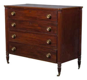Early 19th Century Federal Mahogany Four Drawer Cookie Corner Chest With Marquetry C. 1820