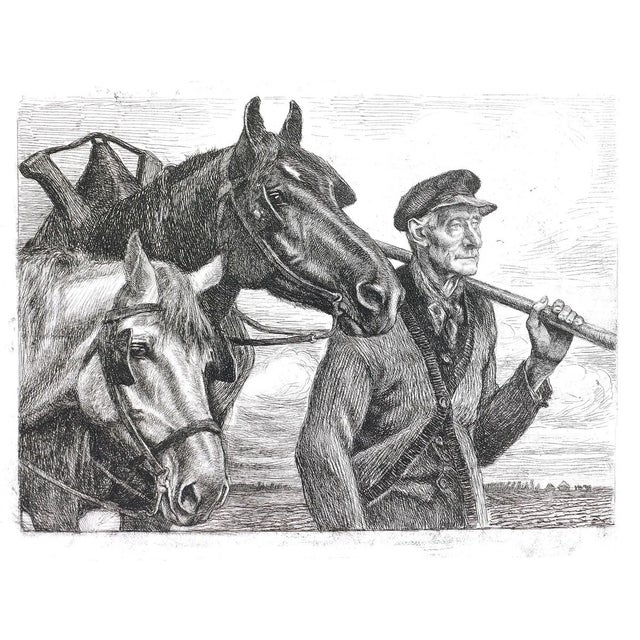 Paysan avec Chevaux - Original Etching by Michel Ciry - Mid 20th Century 1950s For Sale