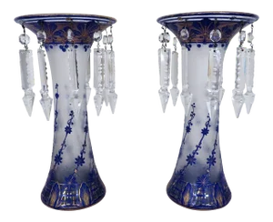 Pair of French Vases in Cobalt Blue Cut Cameo Glass Chipped Ice Attributed to Baccarat