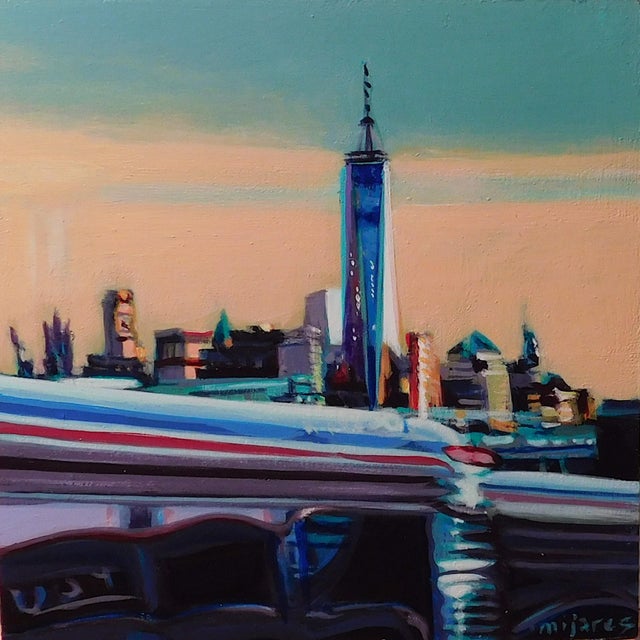 This artwork presents a vibrant depiction of the Freedom Tower, set against a soft, pastel sky that evokes a sense of...