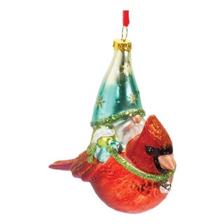 Glass Gnome and Cardinal Bird Ornament (Set of 6) For Sale