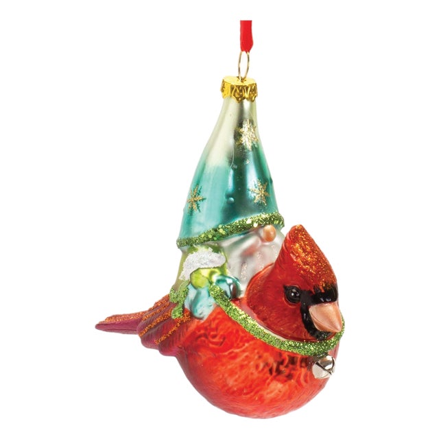 Glass Gnome and Cardinal Bird Ornament (Set of 6) For Sale
