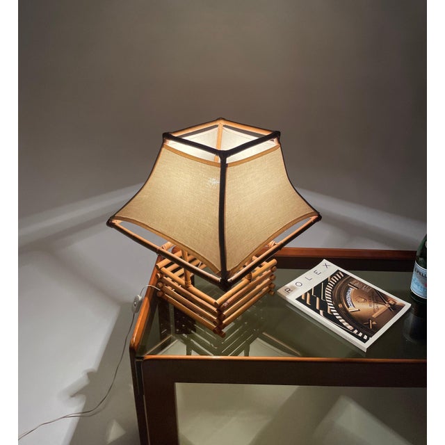 Rattan, Wicker and White Fabric Table Lamp by Louis Sognot, France 1960s For Sale - Image 14 of 16