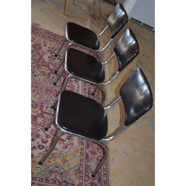 Set of 3 Vintage Chrome Kitchen Chairs Black Vinyl Mid Century Fixtures MFG For Sale - Image 4 of 13