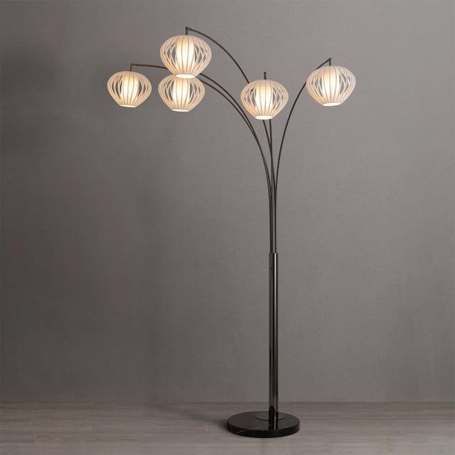 Bloom 5-Light Arc Floor Lamp - Black Nickel, Black Marble Base, White Satin Shade For Sale - Image 4 of 10