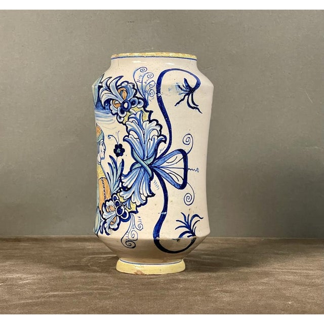 Antique Savona Ceramic Albarello, 18th Century Beautiful polychrome painted majolica tree, cylindrical body with rounded...