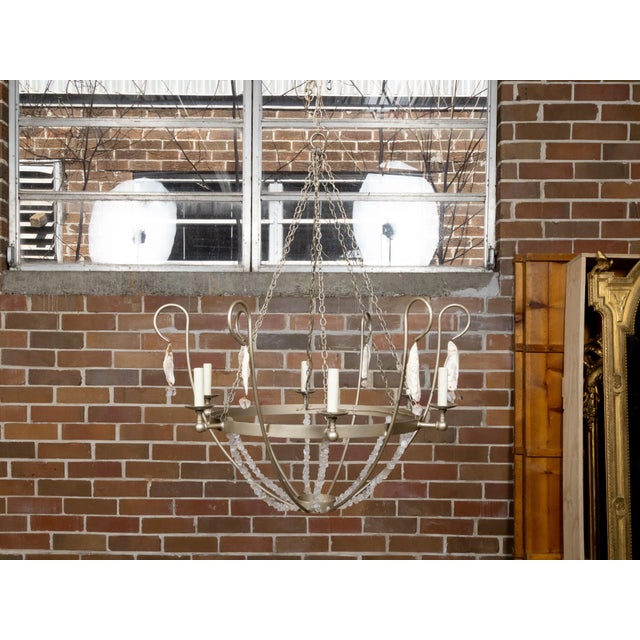 Vintage Rock Crystal, Oyster and Steel Basket Six-Light Chandelier, US Wired For Sale - Image 9 of 12