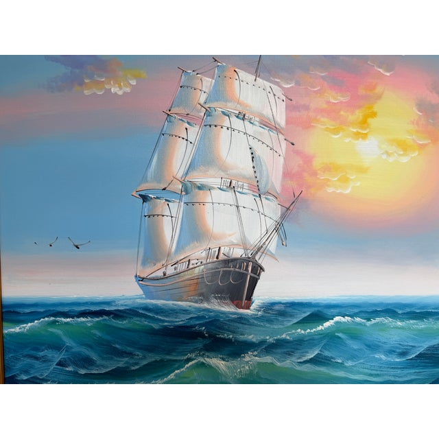 Nautical Original Marine Oil Painting Tall Ship on Open Sea Nautical Seascape Gold Frame For Sale - Image 3 of 11