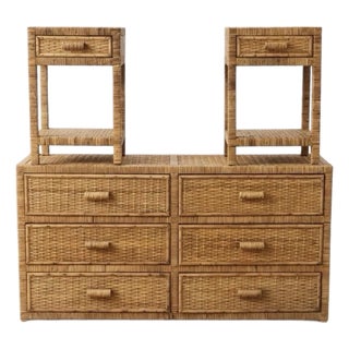 Vintage Wicker Dresser and Side Tables, 3 Pieces For Sale