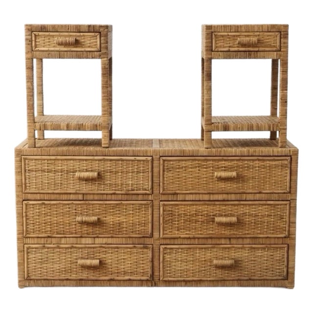 Vintage Wicker Dresser and Side Tables, 3 Pieces For Sale