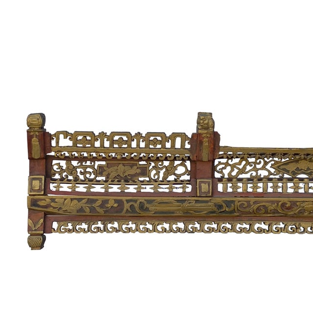 This is a vintage wood carving panel wall art with a dimensional carving motif of Chinese ancient-style pattern in matte...