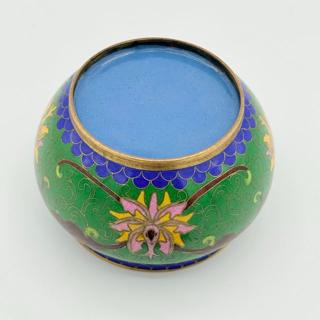 Metal Mid-Century Cloisonné Enamel Revolving Ashtray in Green & Cobalt For Sale - Image 7 of 8