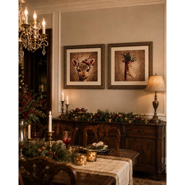 Pair of 28” Square Christmas Canvas Canvas Prints in Heavy Carved Gilt Wood Frames For Sale - Image 12 of 12