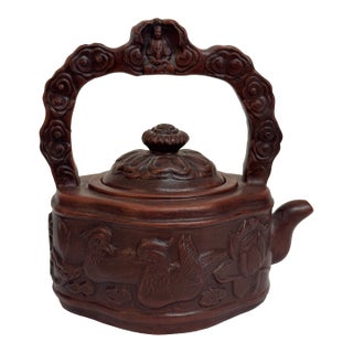 Mid 20th Century Chinese Yixing Style Red Clay Teapot With Carved Birds For Sale