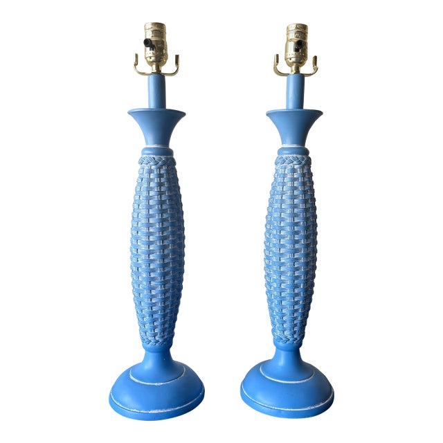 Vintage Coastal Basket Weave Blue Palm Beach Table Lamps - a Pair For Sale