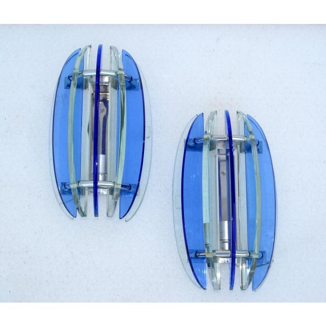 Italian Glass & Chrome Sconces by Veca Blue & Clear Mid-Century Modern - Pair For Sale - Image 13 of 13
