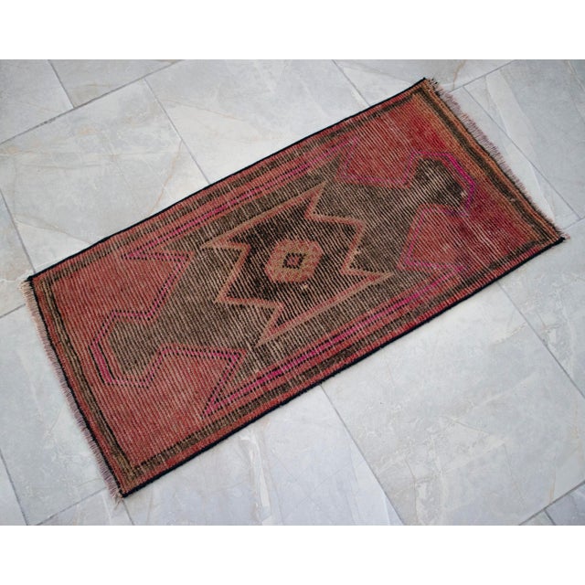 Distressed Low Pile Rug Kurdish Yastik Small Rug Faded Colors Mat Entry Decor - 19'' X 38'' For Sale - Image 13 of 14