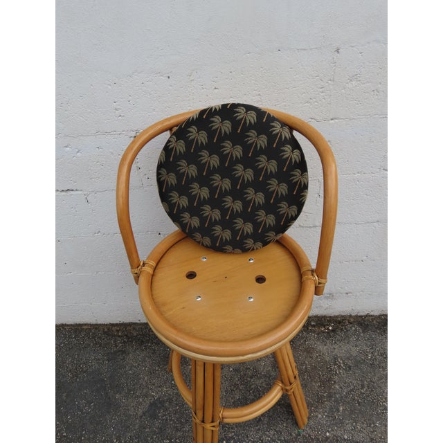 Wood Hollywood Regency Swivel Bamboo Rattan Barstools a Set of Three 6380 For Sale - Image 7 of 17