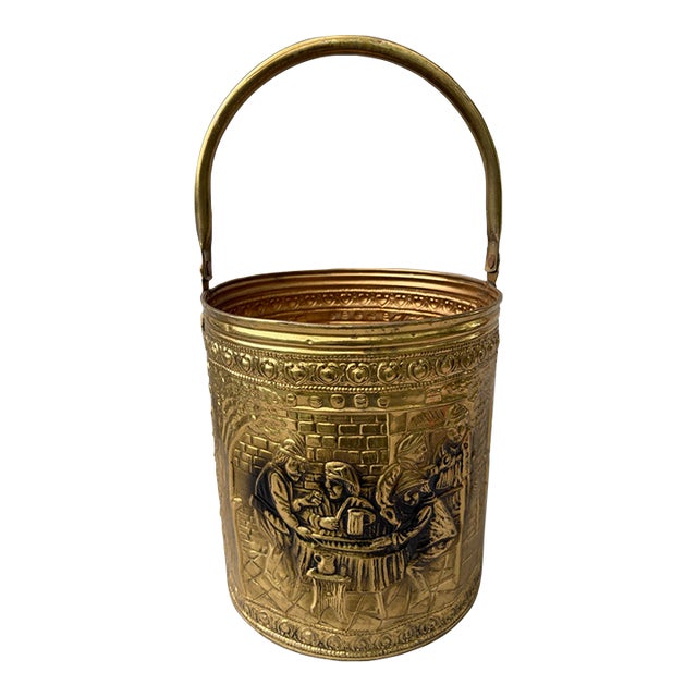 Vintage Raised Repousse Brass Fire Wood Bucket For Sale