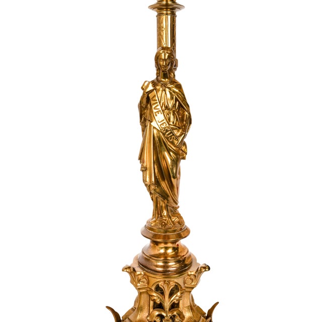 Gold Large Antique French Gilt Bronze Gothic Altar Jesus Statue Griffin Candlestick For Sale - Image 8 of 10