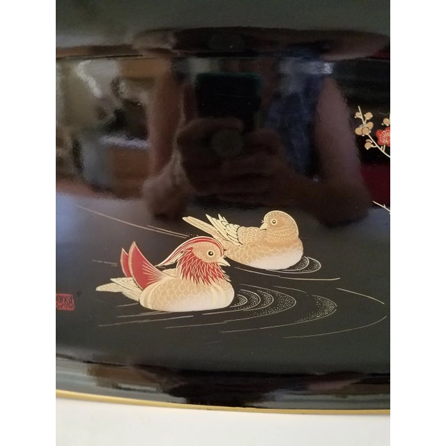 Vintage Japanese Satsuma black lacquer plastic serving tray. This tray is very special. The enamel paint colors are vivid...