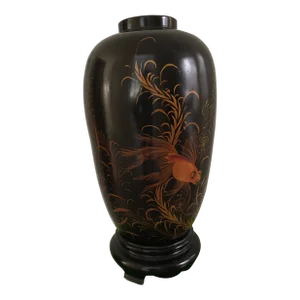 Vintage Tall Lacquer Vase With Gold Fish and Stand.