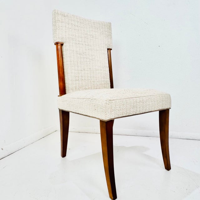 Sophisticated set of 10 Mahogany dining chairs, upholstered in Holly Hunt fabric "Golden Hour". Featuring tablet backs,...