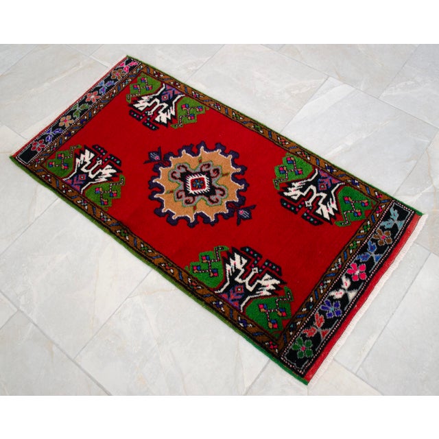 1970s Hand Made Turkish Rug Small Rug Kitchen Mat Organic Wool Entry Decor - 1'11" X 3'10" For Sale - Image 4 of 9