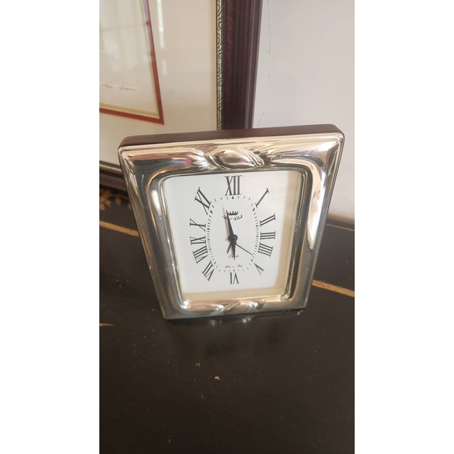 1980s Italian Real Clock 925 Sterling Silver-Clad Desk Clock With Mahogany-Tone Wood Case For Sale - Image 4 of 18