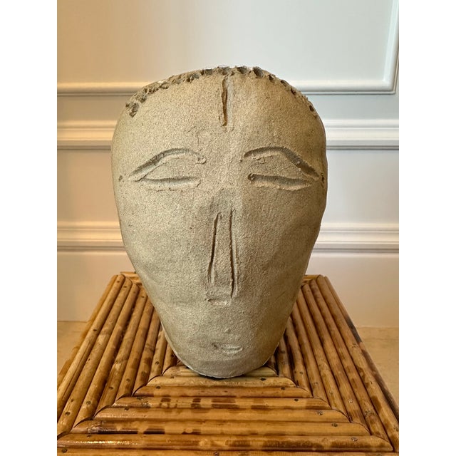 Terrific Handmade Face Vase Sculpture. Primitive folk art style. Incised facial features on smooth slab. Backside and...